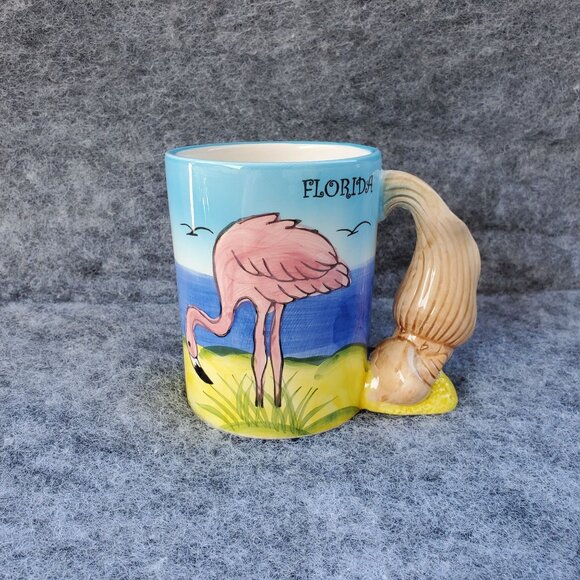Vintage Florida Flamingo Ceramic Mug With Unique Seashell Handle From The 1980's - Picture 1 of 9